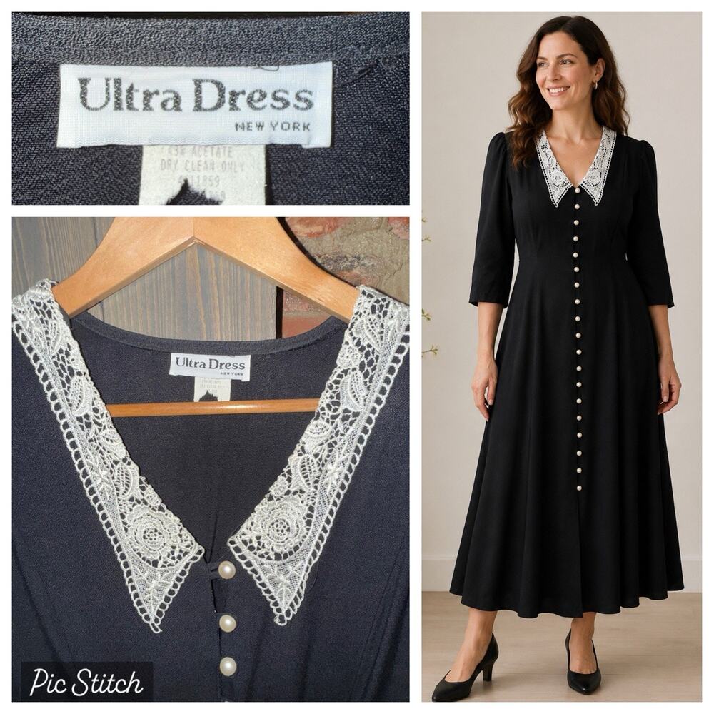 Vintage 90s Black White Lace Collar Maxi Dress Pearl Button Sz L-XL Goth Cottage